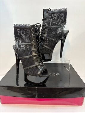 Lace-Up Peep Toe Platform Heels - Black Lace